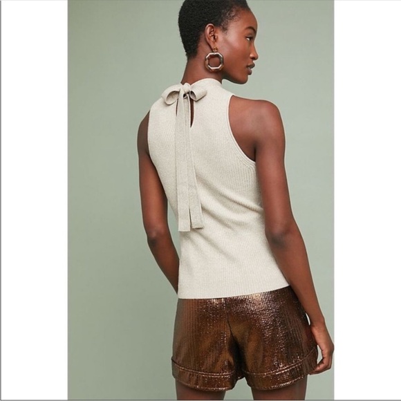 Anthropologie Ett:Twa Mock Neck Metallic Ribbed Tie-Back Sweater Tank size Small - Picture 1 of 3